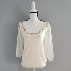 Elle Beaded Boatneck Sheer Sleeved Off White Sweater S
